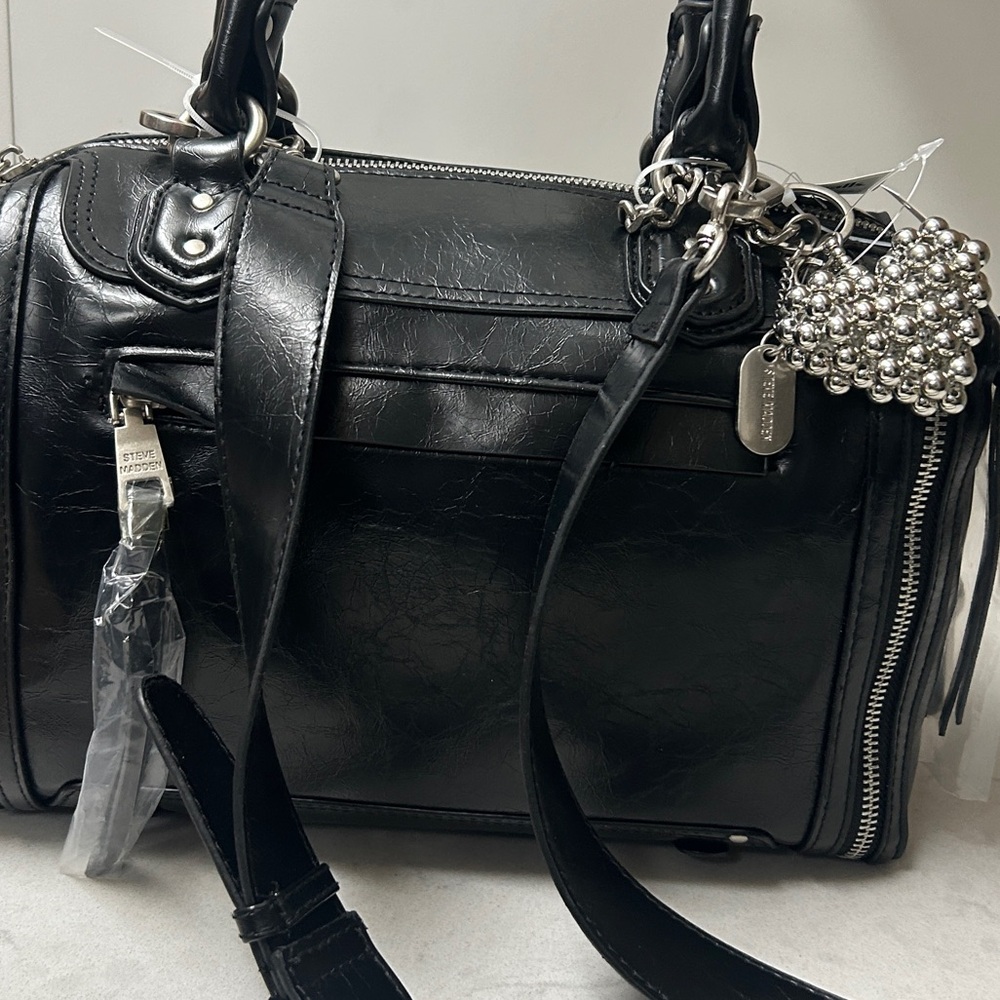 Steve Madden Black Satchel with Silver Accents and Cute Heart Bag Charm